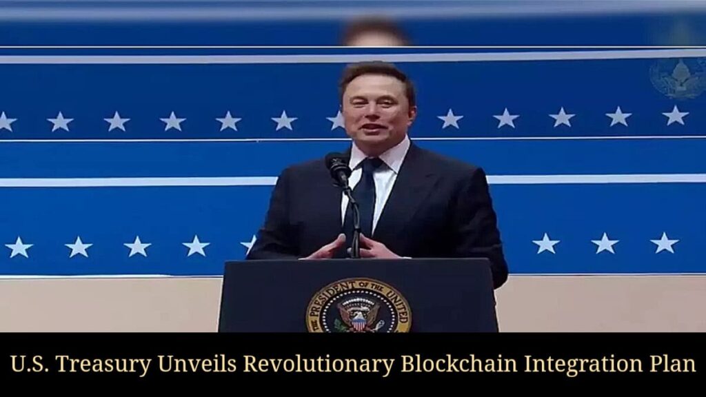 U.S. Treasury Building with Digital Blockchain Overlay