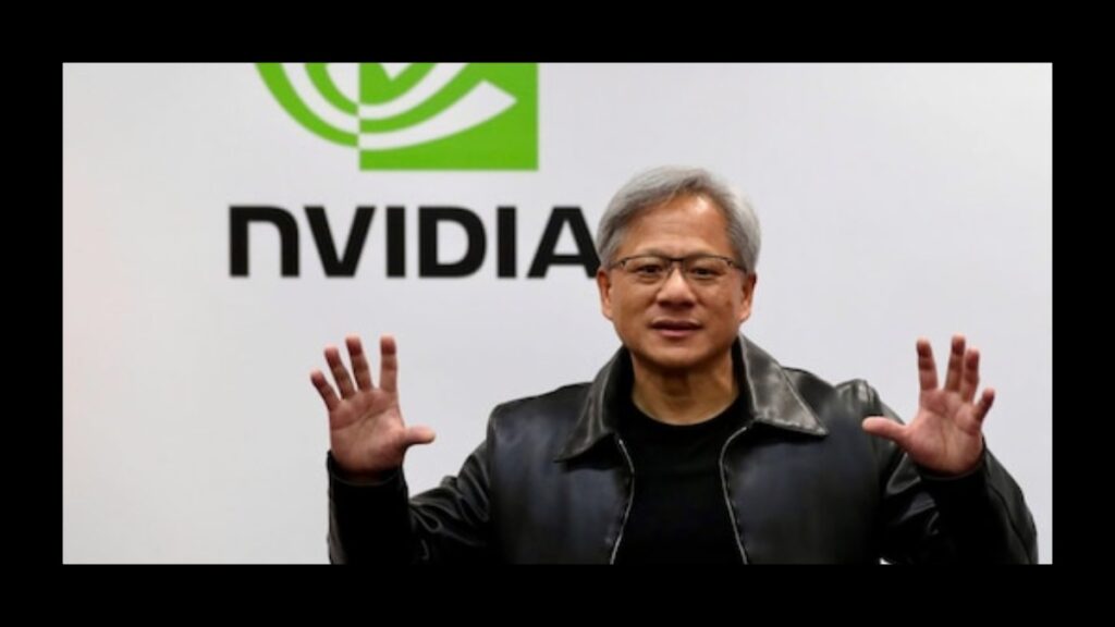 Nvidia CEO Jensen Huang announcing the company’s record-breaking revenue growth