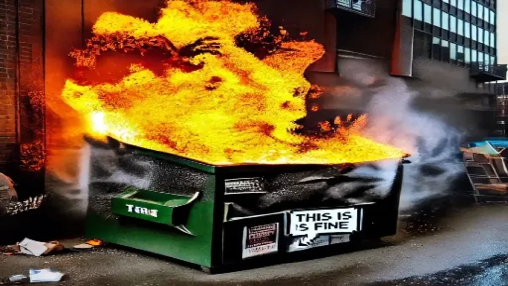 A dumpster fire for an alley, symbolizing internet chaos and the dumpster fire meme.