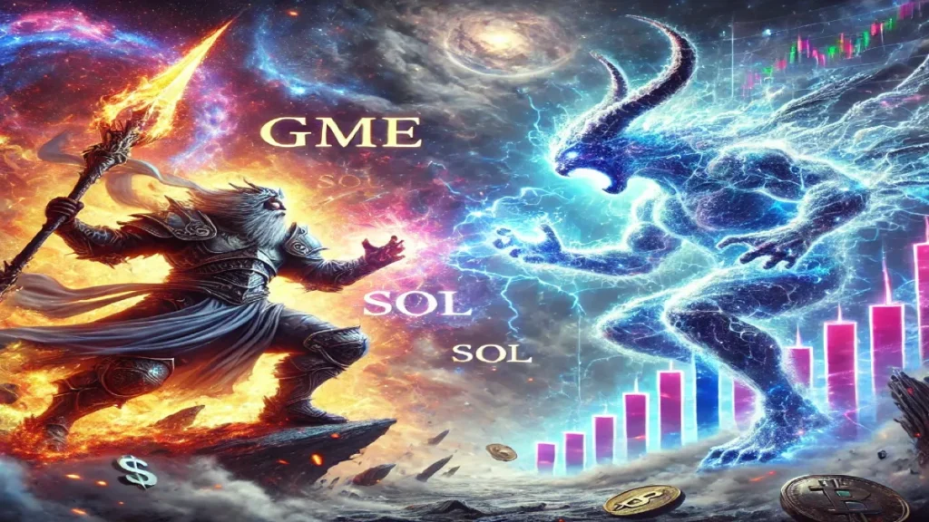GME/SOL A futuristic stock trading floor with supernatural energy, glowing financial charts, and mystical traders analyzing market trends in a high-tech environmen