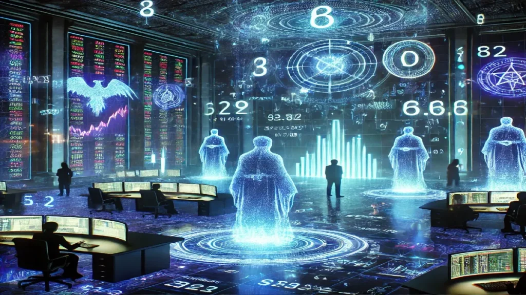A supernatural financial battlefield where giant mystical GME/SOL market trends, with glowing energy waves representing stock price movements