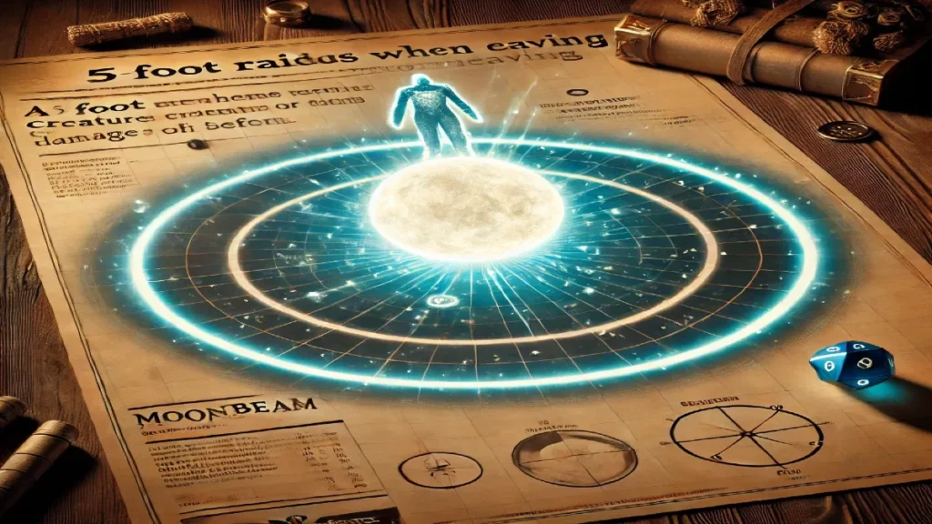 D&D Moonbeam 5e spell effect diagram with area of effect and damage mechanics.